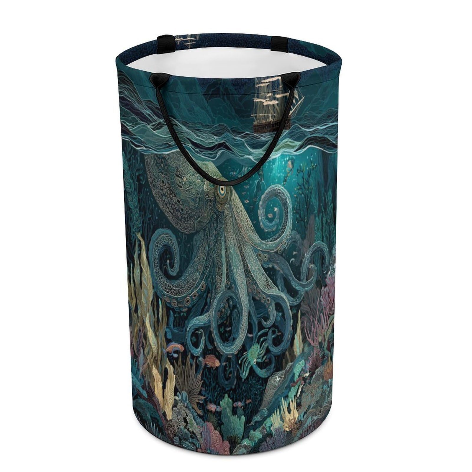 LUYYSKY Vintage Abstract Sea Octopus Collapsible Dirty Clothes Basket, Rustic Watercolor Underwater Animal Octopus Fish Pirate Ship Portable Clothes Storage Laundry Basket-40 CM Dia, 69 CM High
