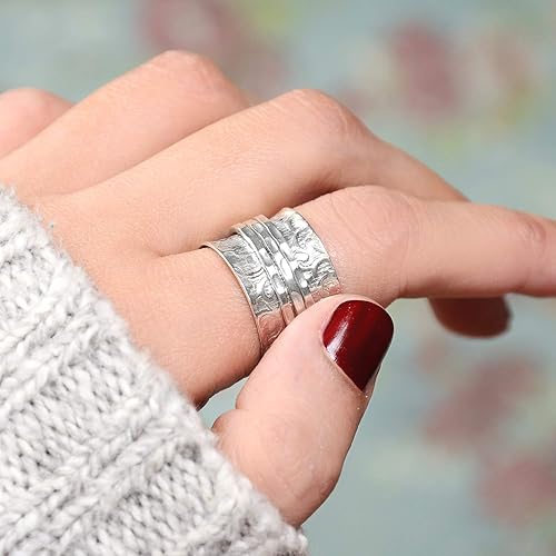 Miniatura 6 de Boho-Magic Anillo giratorio de plata de ley 925 para mujer, 3 anillos giratorios, meditación antiestrés para ansiedad, joyería gruesa de declaración