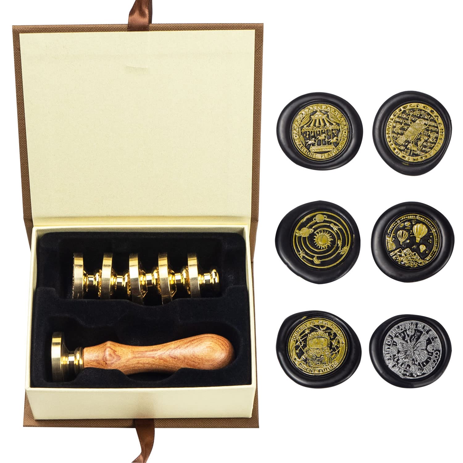 Wax Seal Stamp kit, ANBOSE Moon Wax Seal Stamp Set with 6 PCS Removable Brass Heads and 1 Wooden Handle, Sunbird Fox Starry Sea Planet Sealing Wax Stamp for Cards Invitations โ image 1