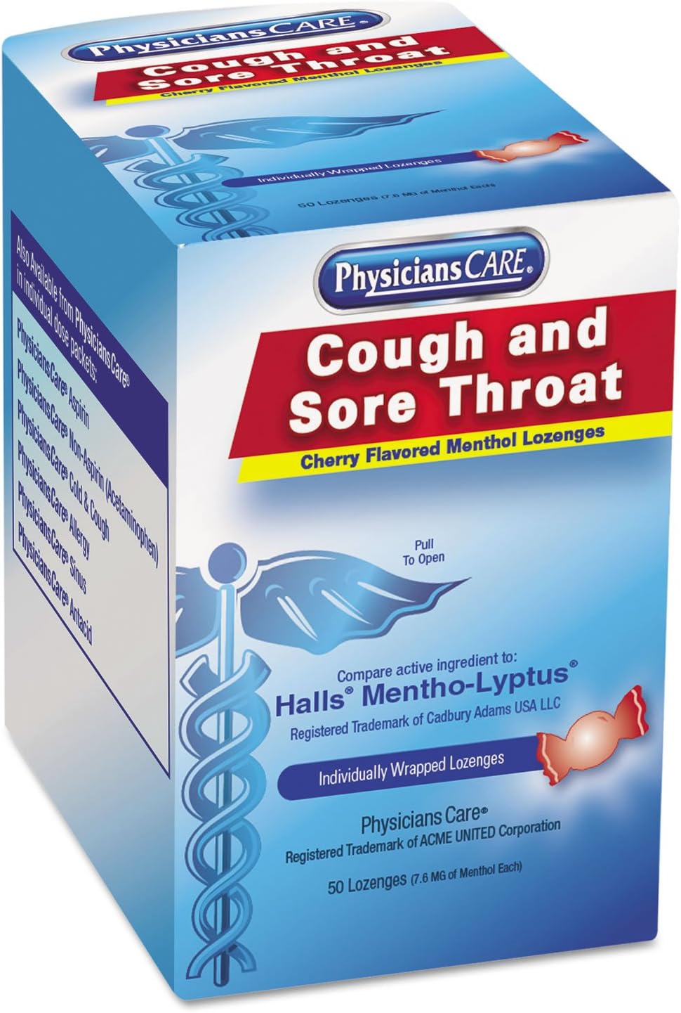 - PhysiciansCare Cough and Sore Throat, Cherry Menthol Lozenges, Individually Wrapped, 50/Box