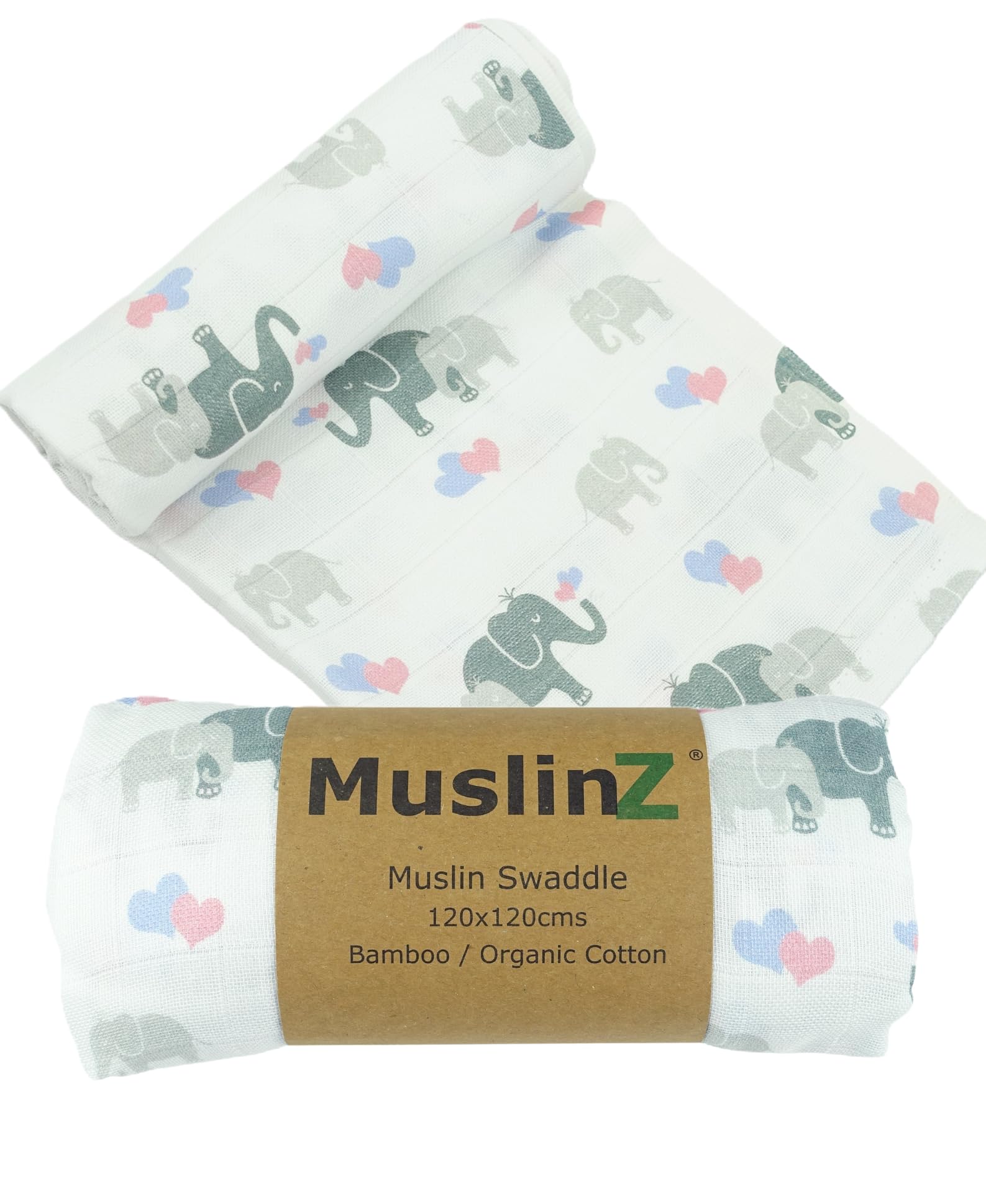 MuslinZ Ex Large Muslin Cloths for Baby - Newborn Baby Essentials - Baby Swaddle -Bamboo Mix, Soft and Breathable (Elephants)