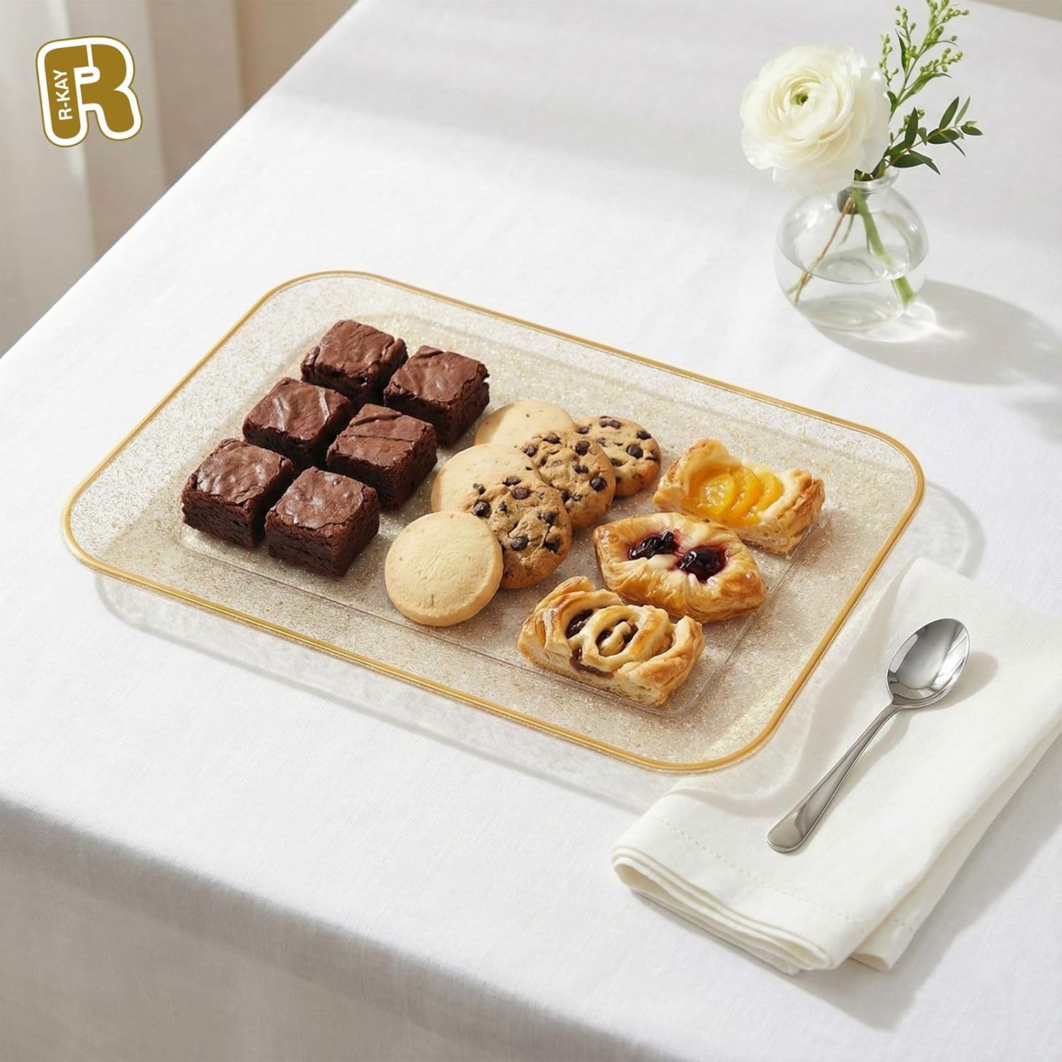 3 Pack Gold Glitter Plastic Serving Trays for Party - Gold Glittered Serving Tray 8 x 11 Inch - Heavy Duty Dessert Trays for Food - Rectangular Party Serving Trays for Entertaining image 3