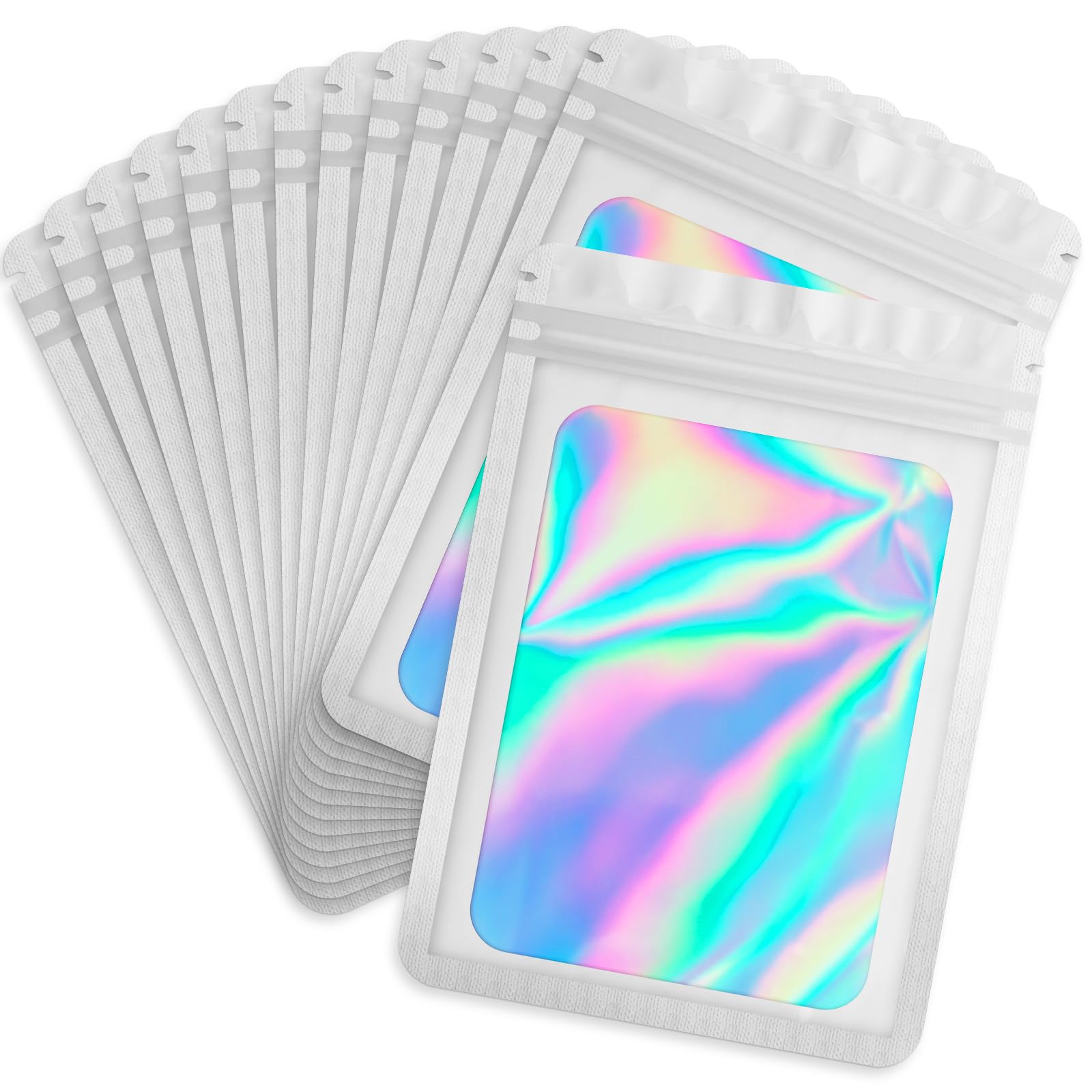 Durimoiy 100 Pack Holographic Resealable Bags with Front Window, 4x6 Inch White Mylar Bags for Party Favors & Gifts