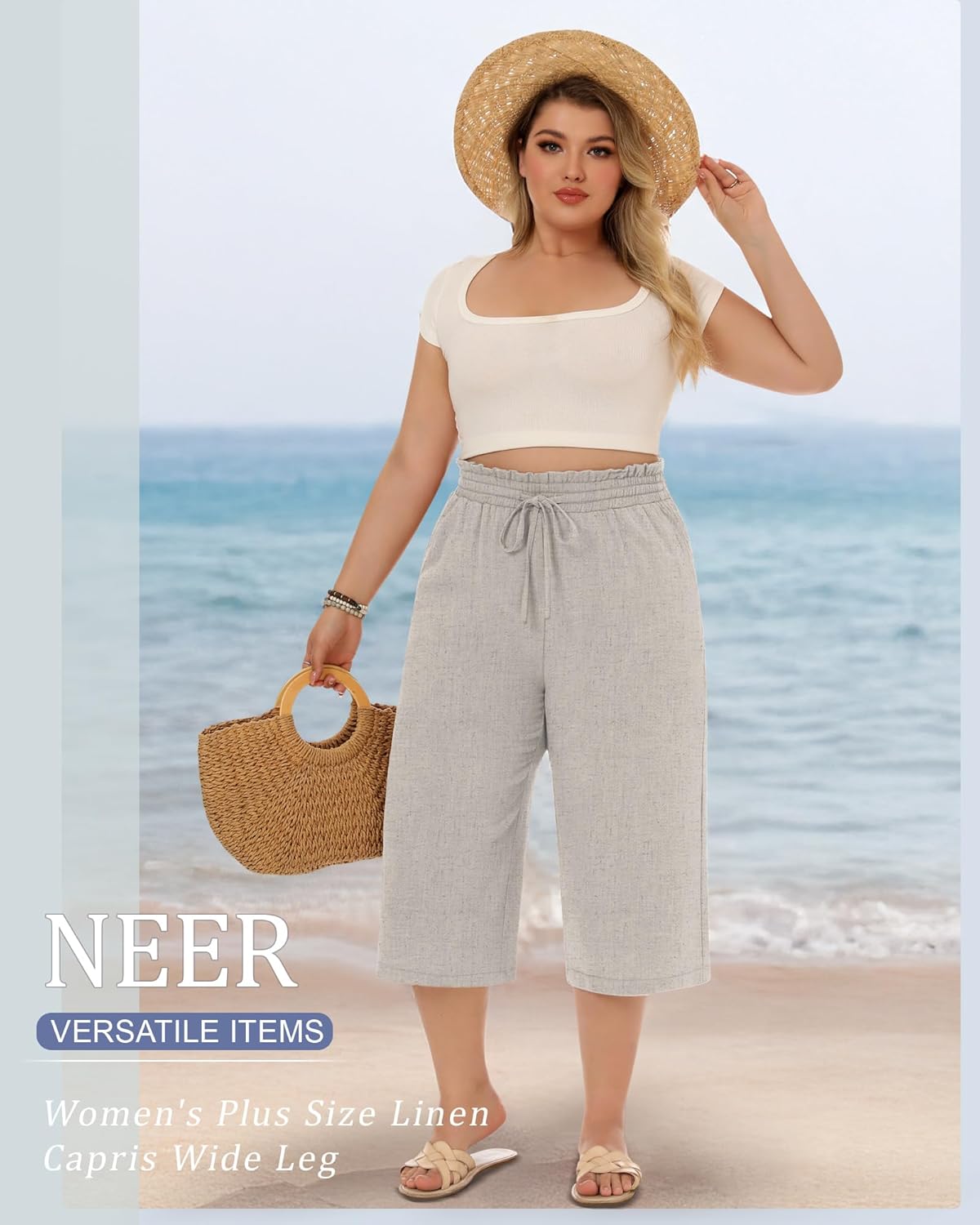 Neer 2 Pack Women's Plus Size Linen Capris Wide Leg High Waisted Drawstring Cropped Pants Beach Pants with Pockets - Image 4