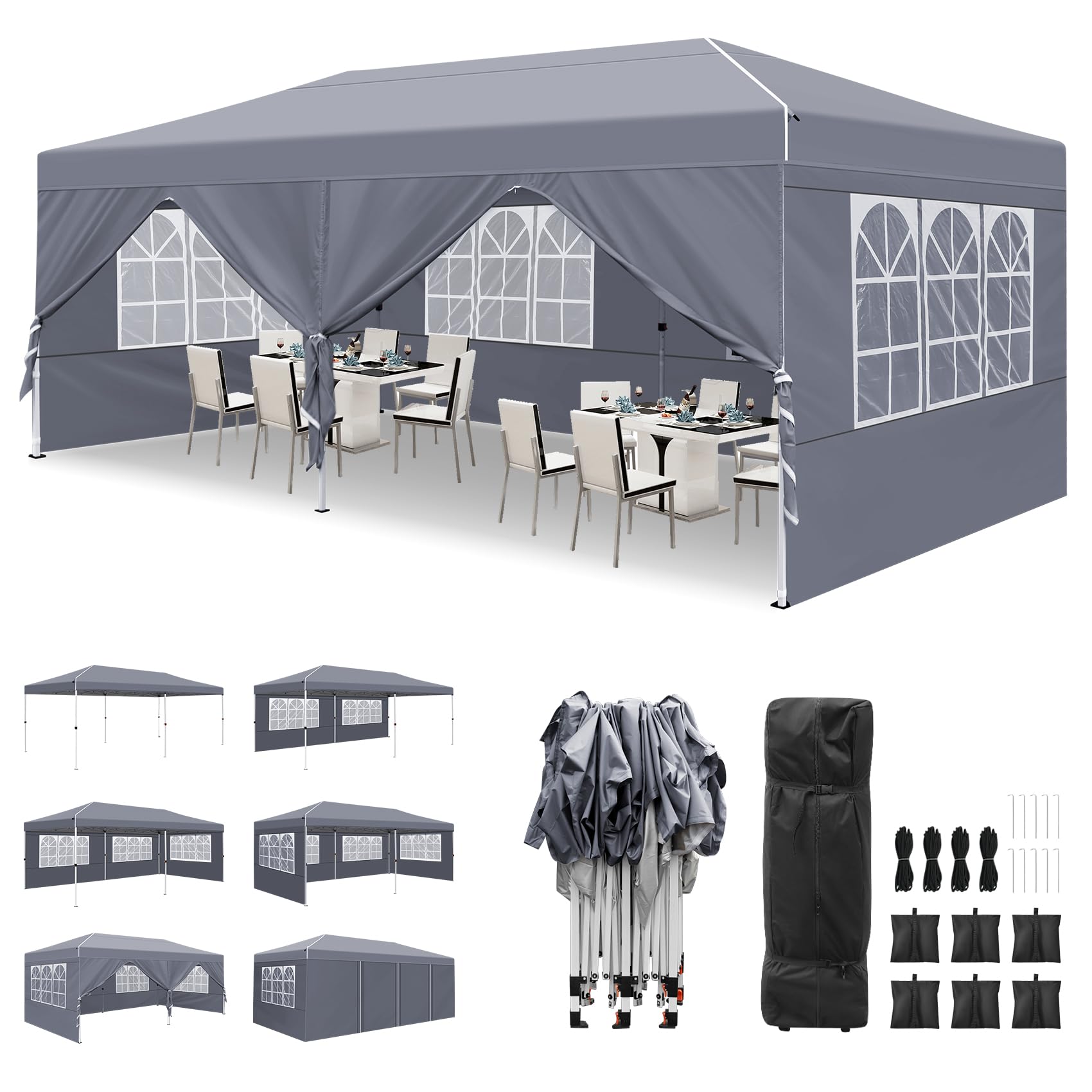LeadyeahGazebo 3x6m with 4 Sidewalls and 2 Doors, Heavy Duty Commercial Pop up Gazebo, UPF50+ Protection, 100% Waterproof, Wheeled bag, Ideal for Patio Parties Garage & Outdoor Event Grey