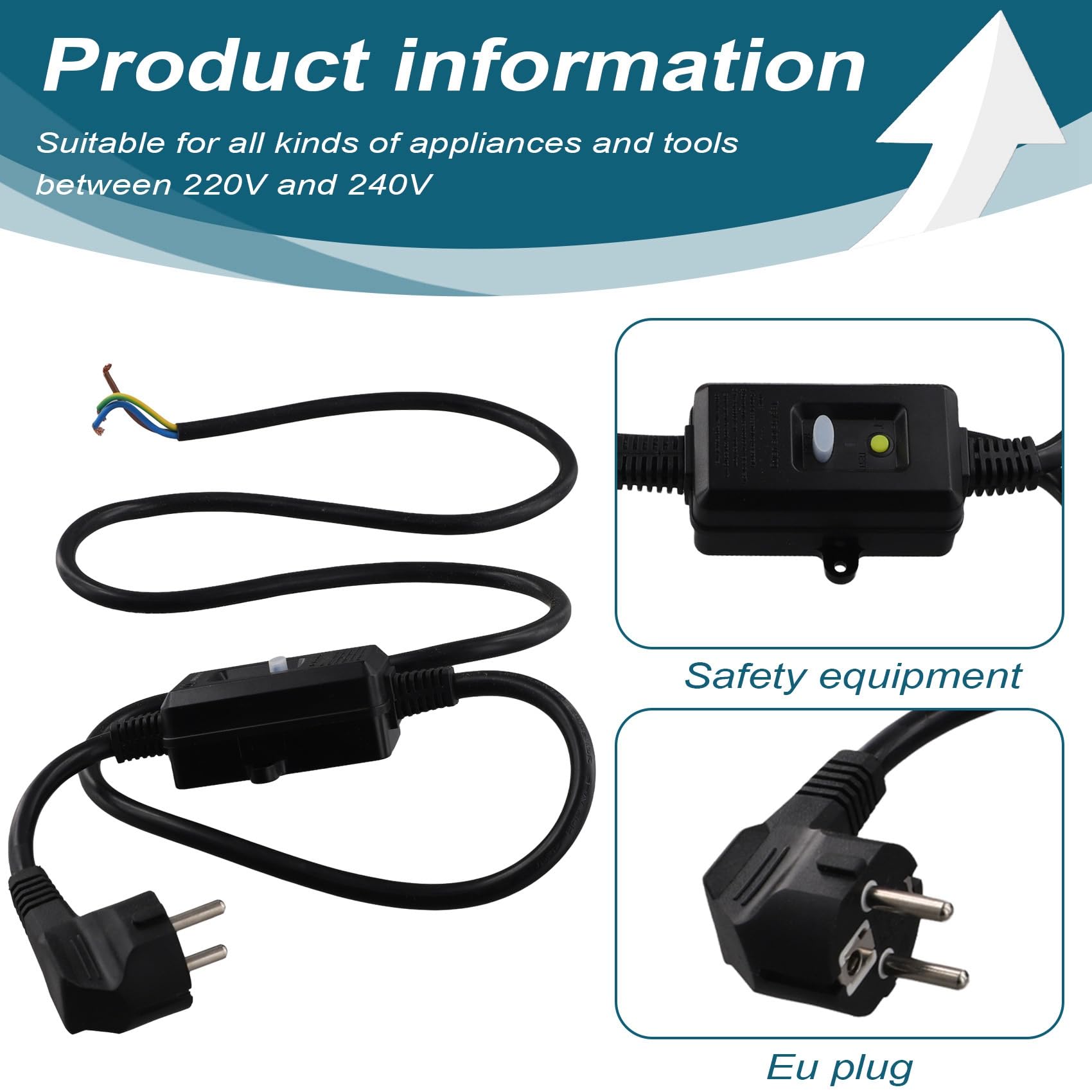 Prise Disjoncteur Différentiel FI Avec Câble 1,5m - Protection 10mA Noir