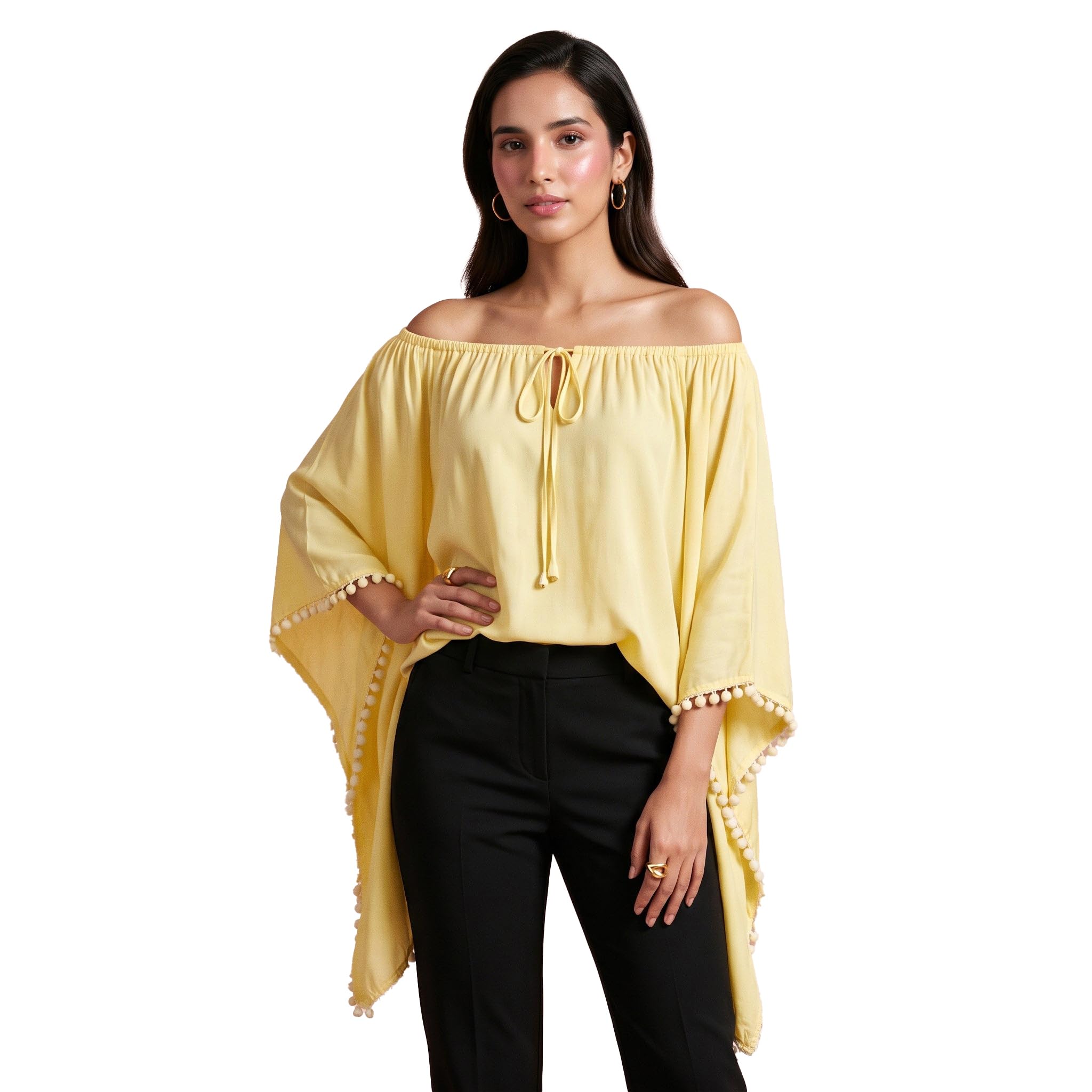 first resort Yellow Pom Pom Poncho in Viscose Rayon - Top for Women by Ramola Bachchan-picture-22