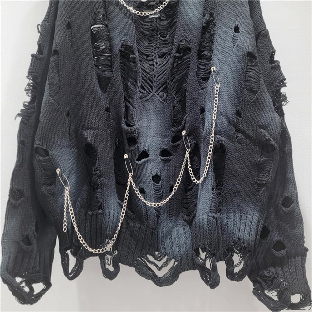 Damski gotycki sweter oversize z długim rękawem, wycięciami, okrągłym dekoltem, podarty sweter, bluza dziergana