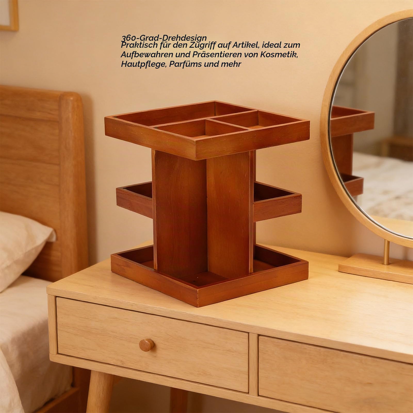 AMONIDA 360° Drehbarer Make-up-Organizer, Schreibtisch-Organizer aus Holz mit Mehreren Fächern, Vielseitiges und Stilvolles Schreibtisch-Aufbewahrungsregal für Frauen, für Kosmetik,