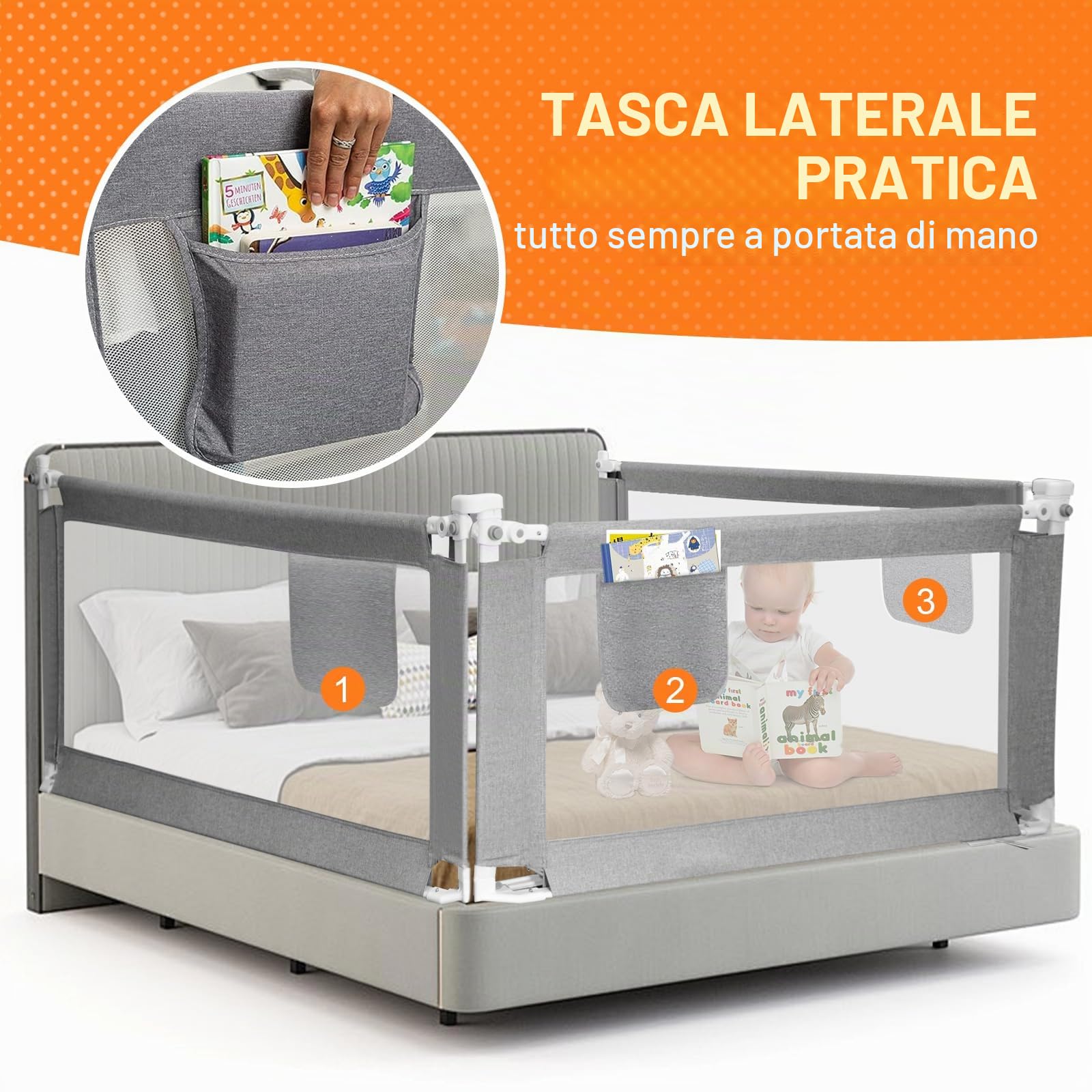 Sponda letto matrimoniale, griglia di protezione per lettini,sponda letto bambini 200 cm, grigio sponda letto matrimoniale per bambini