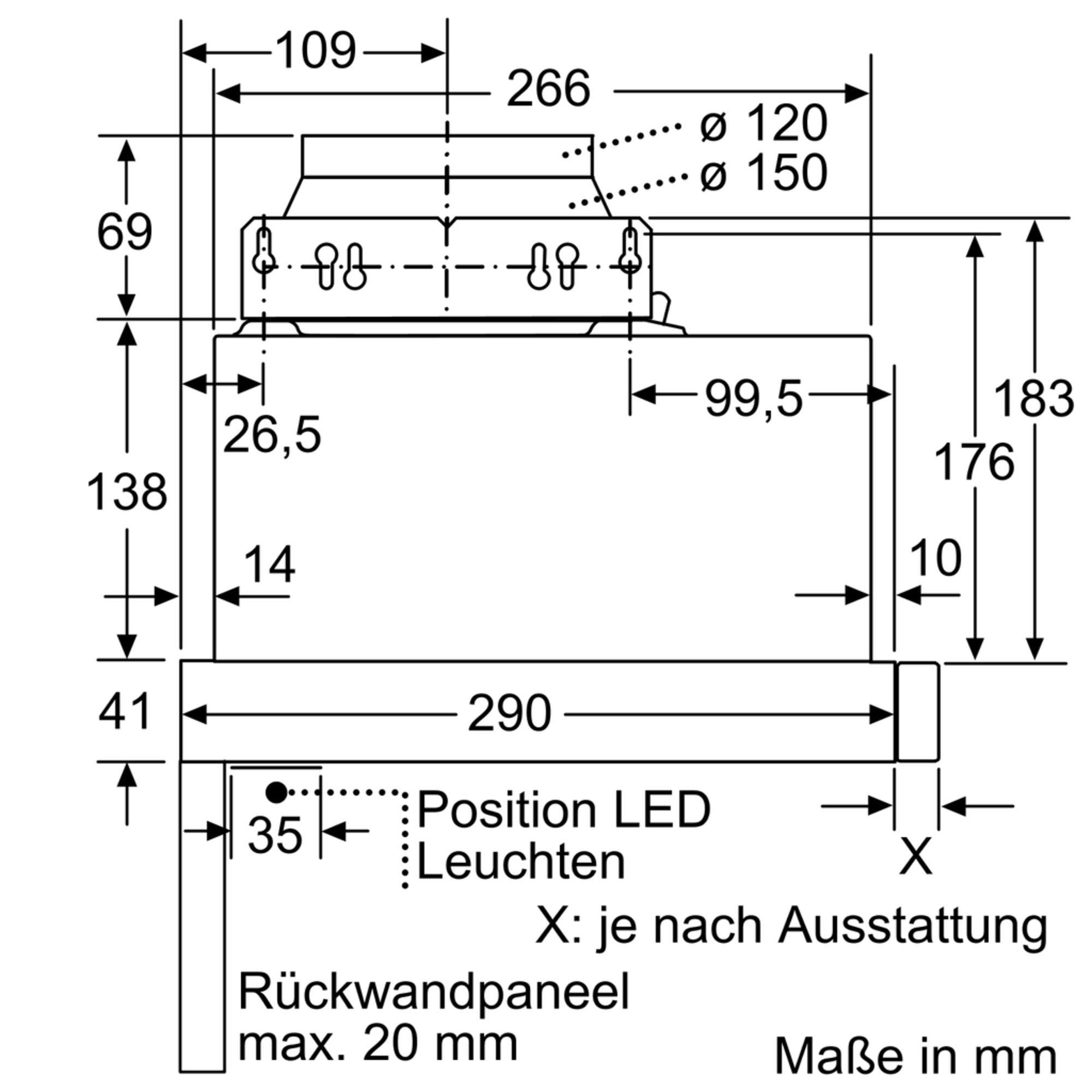 NEFF D46ED22X0 Einbau-Dunstabzugshaube N50, 60cm, Abluft oder Umluft, Energieeffizienz A, silbermetallic