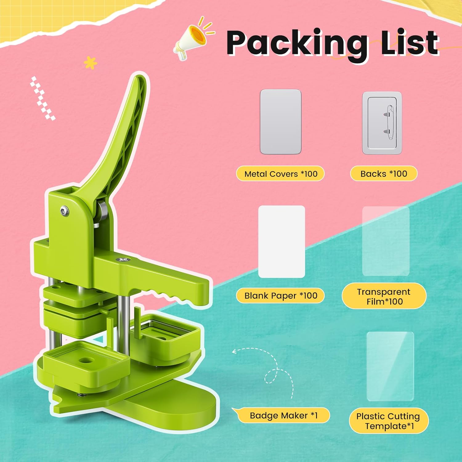 Rectangle Pin Button Maker Machine Kit, Button Press Machine w/ 100set 1.5''x2'' Pinback Button Making Supplies, Pin Badge Kit for Party Favors, Events, Business, School, Gifts