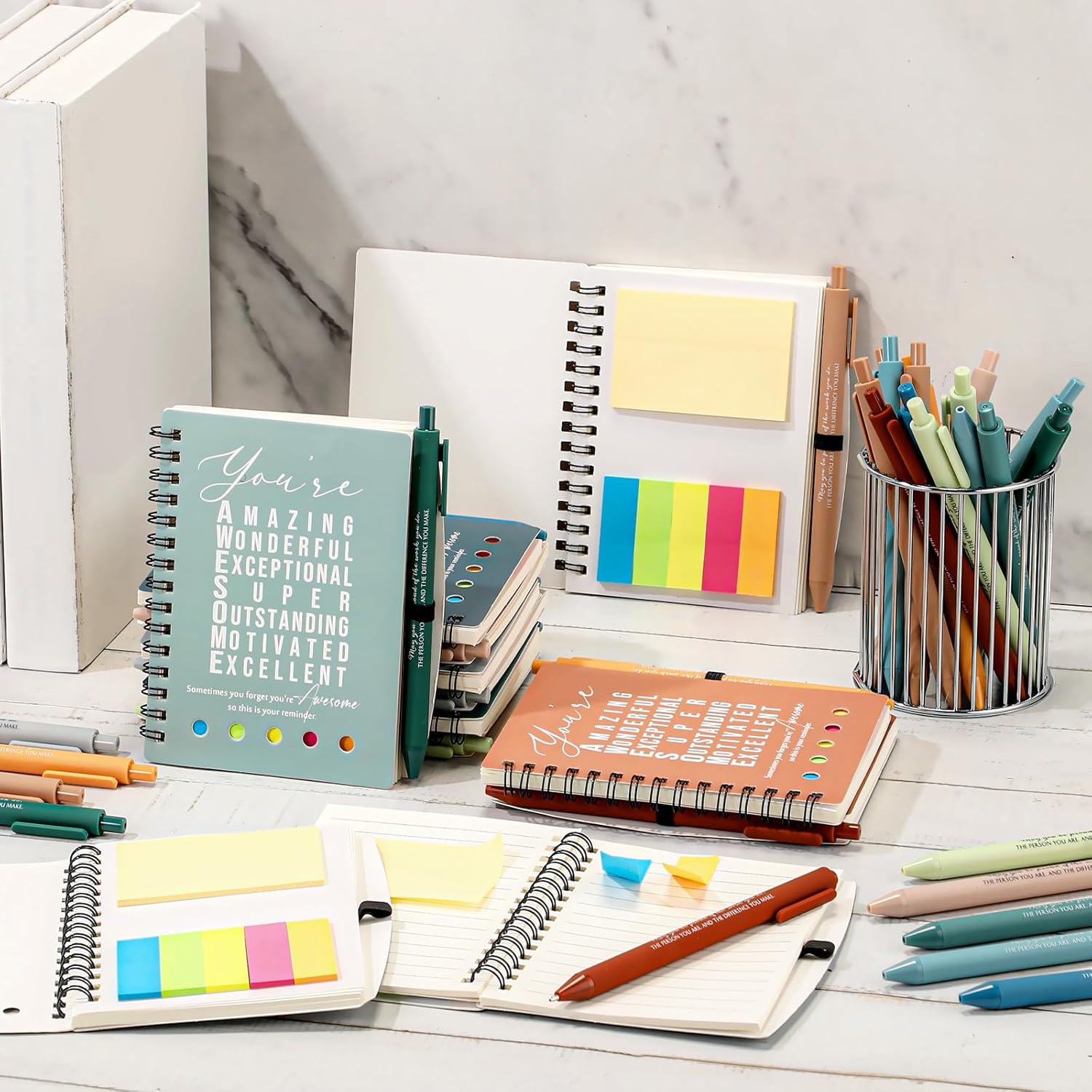 Jetec 100 Pcs/50 Sets Motivational Spiral Notebook with Sticky Notes Pen Bulk Boho Inspirational Journals Employee Appreciation Thank You Gift for Teacher Coworker Staff Team (Healing)