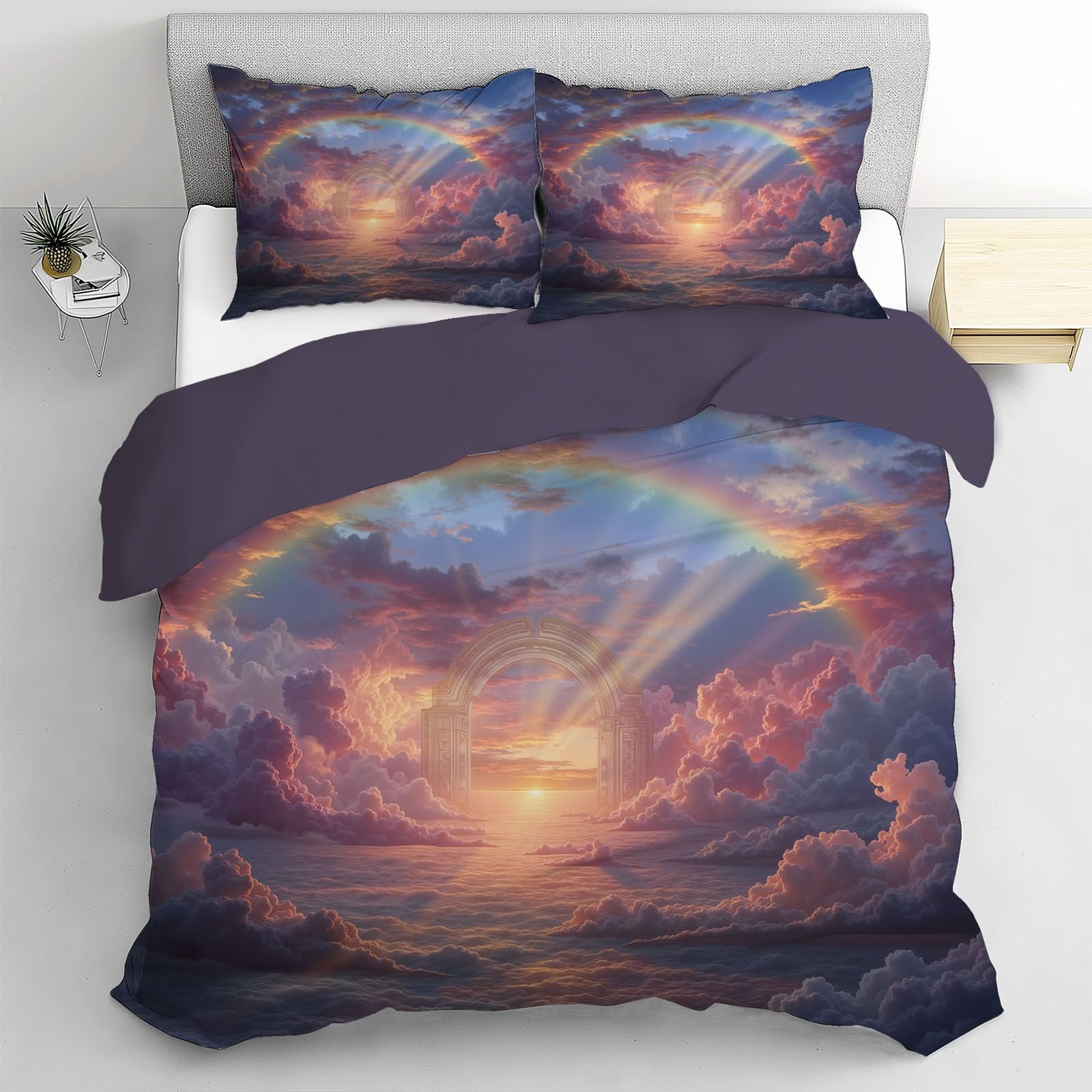 Housse de couette 100% microfibre avec 2 taies d'oreiller motif orange mer des nuages