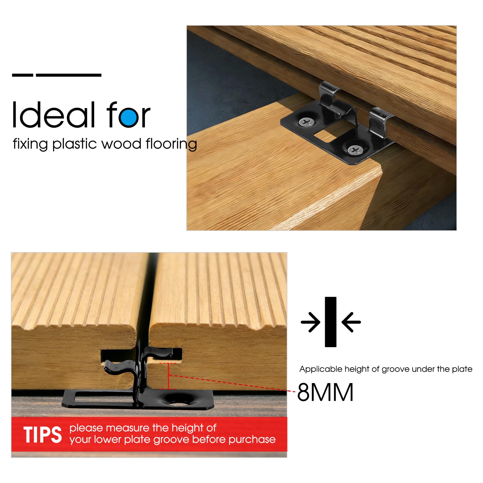 100 unidades Clips para tarimas WPC en acero inoxidable, Clips ocultos, Separadores para fijación de tarimas (Negro, Espacio 5mm, Altura 8mm)