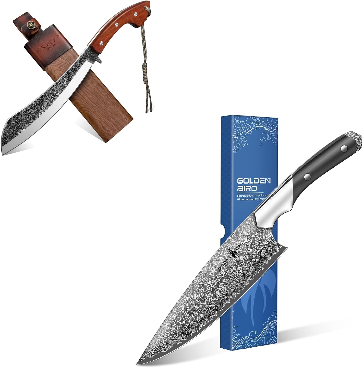 Golden Bird Damascus Chef Knife Bundle with Parang Machete Knife