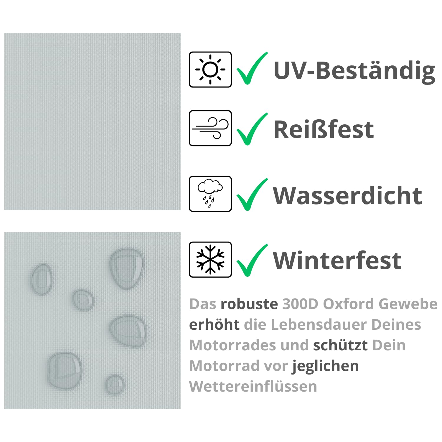 REVALA® Motorrad Abdeckplane Outdoor & Indoor | Wetterfeste Motorrad Garage | wasserdichte Motorradplane für Roller | Robuste Roller Abdeckung für draußen | Hitzebeständig + Tasche | 225x100x125cm