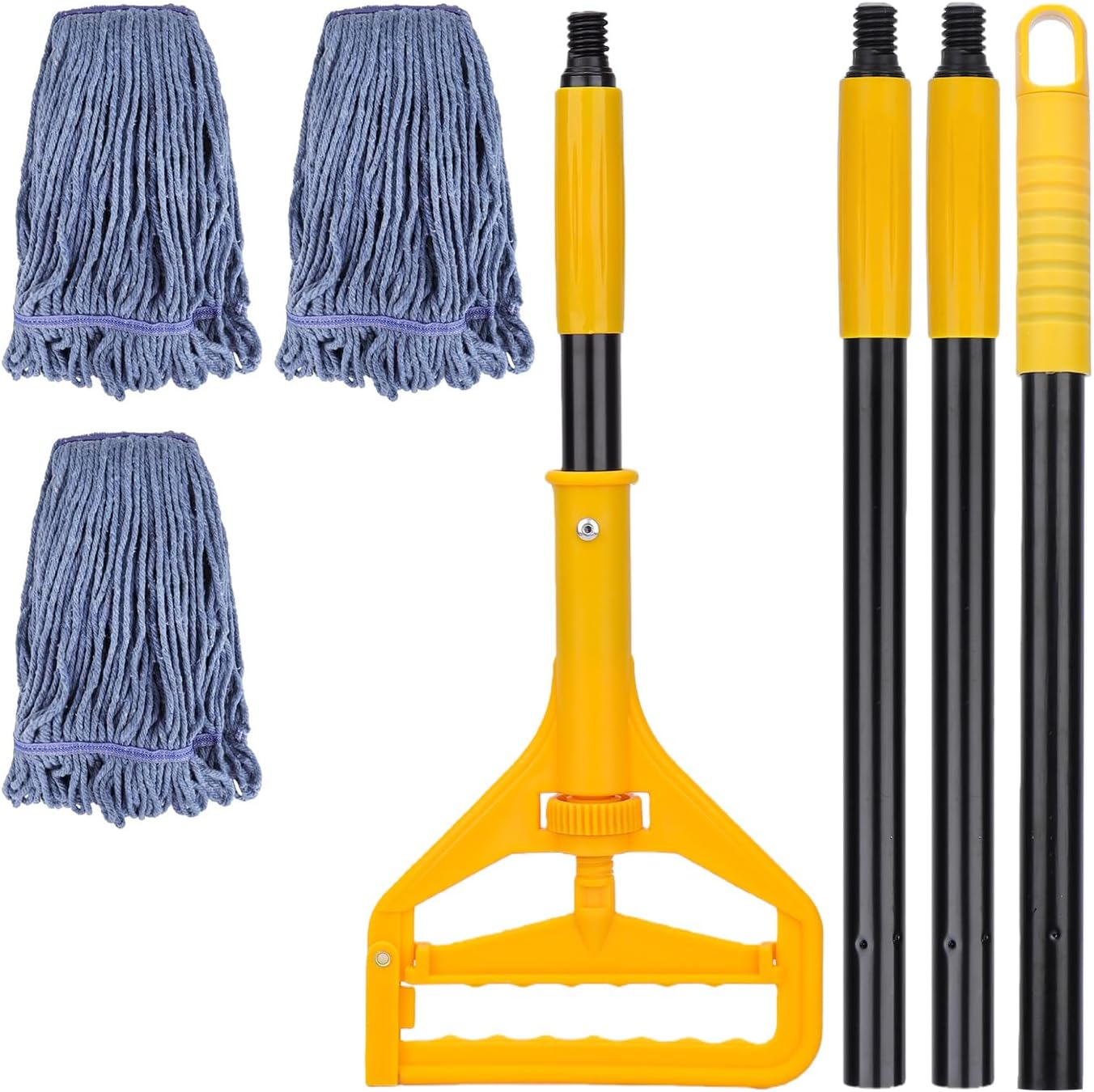 Commercial Heavy Duty Mop Heads Replacement for Rubbermaid with Long Handle - 3 Packs Industrial Wet Mop Head with Handle for Floor Cleaning - Commercial Products Looped End String Head Refills