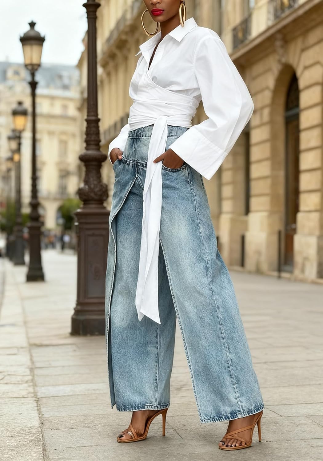 DINGANG Baggy Wide Leg Jeans for Women Y2K High Waisted Patchwork Split Hem Denim Pant - Image 4