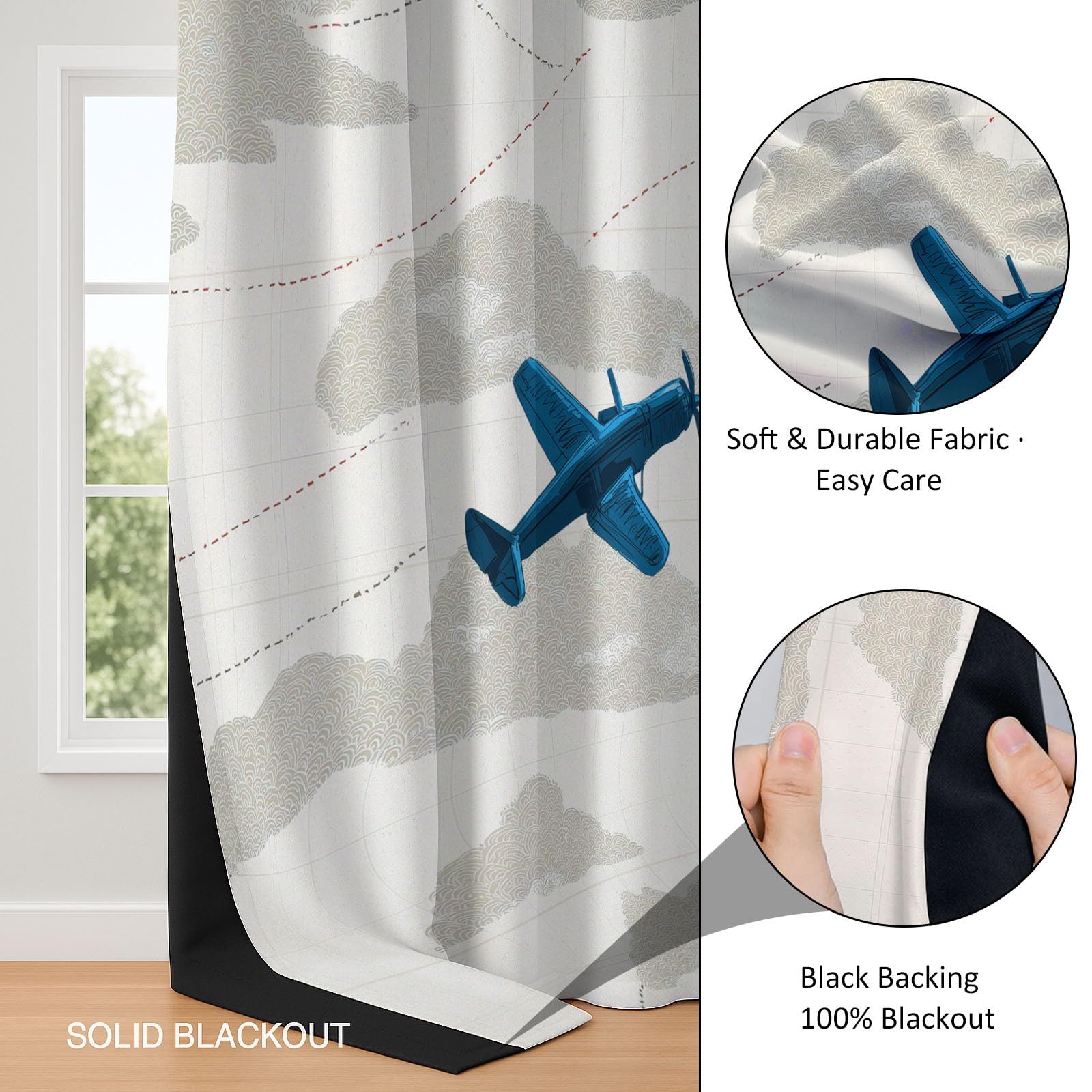 Rideau Occultant Isolants Thermiques À Oeillets Transport Avion Nuages, 110 x 215 cm Lot de 2 Rideaux Thermiques Isolants Anti Froid Imprimé pour Salon Chambre Bebe Enfant, Beige
