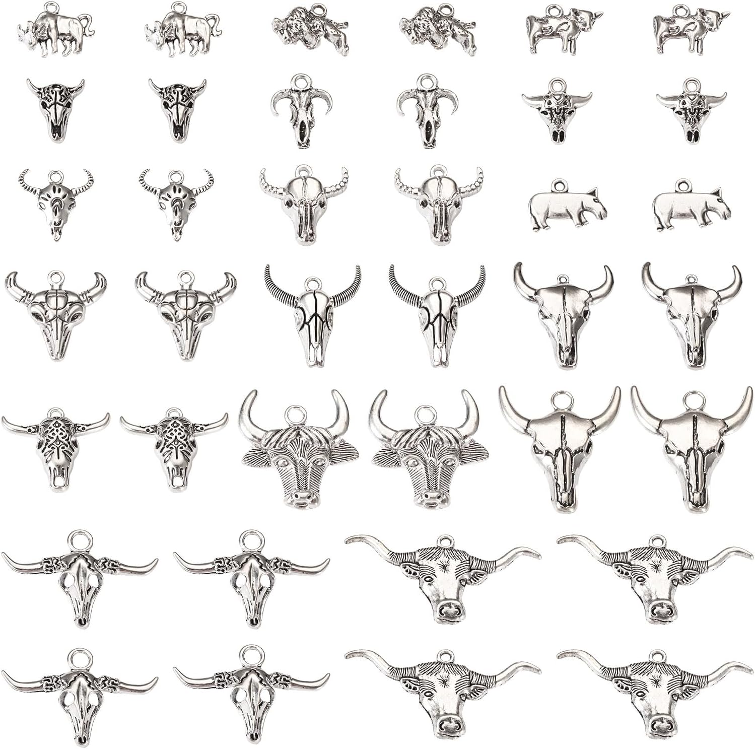 Pandahall 68Pcs Alloy Cattle Head Charms Tibetan Style Alloy Cow Head Pendants Antique Silver Western Bull Skull Charms for Earring Necklace Bracelet Keychain Jewelry Making