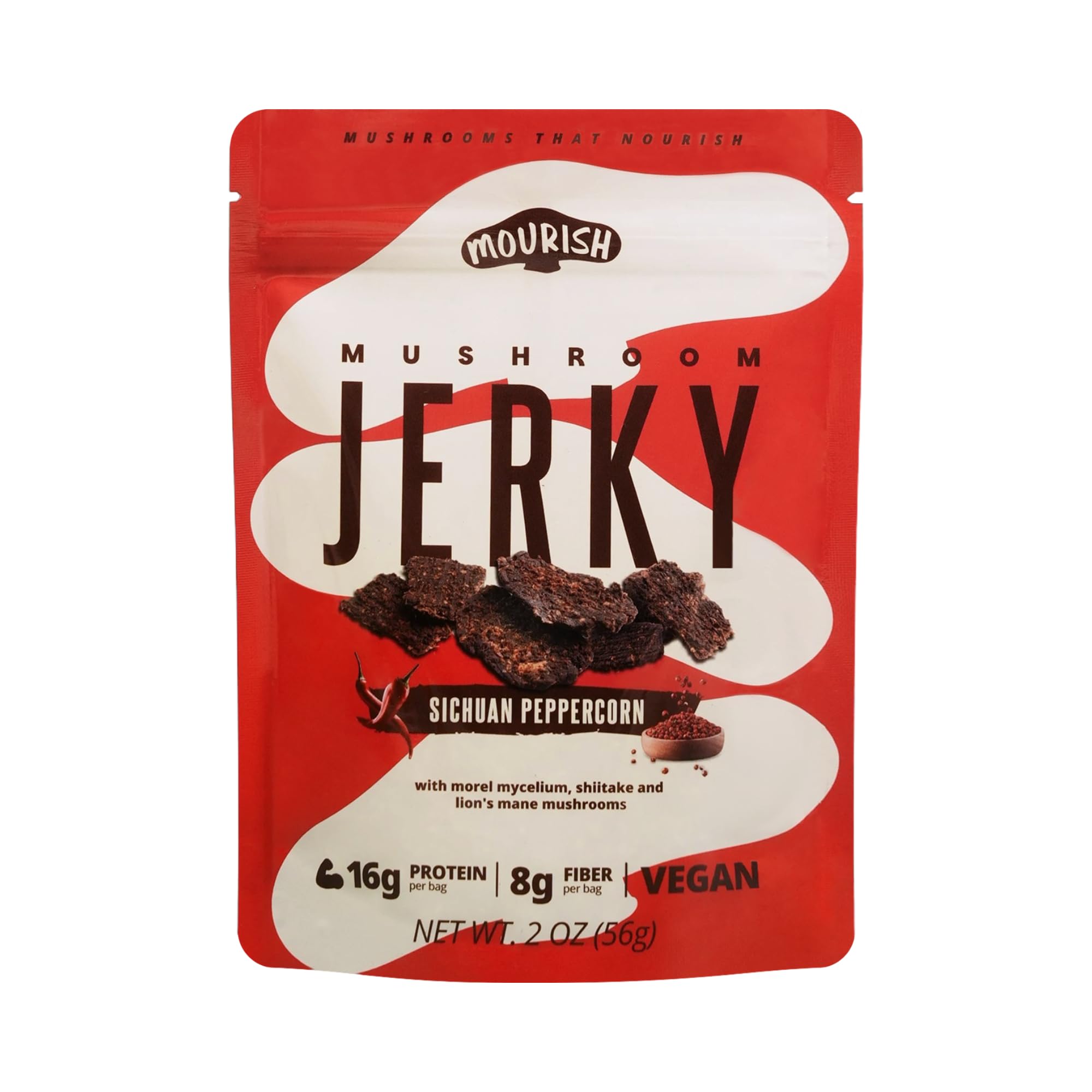 Mourish Vegan Mushroom Jerky, Sichuan Peppercorn, 1 Pack (2 oz), Good Source of Protein and Fiber, Plant Based Meat, Spicy Flavor, Meatless Healthy