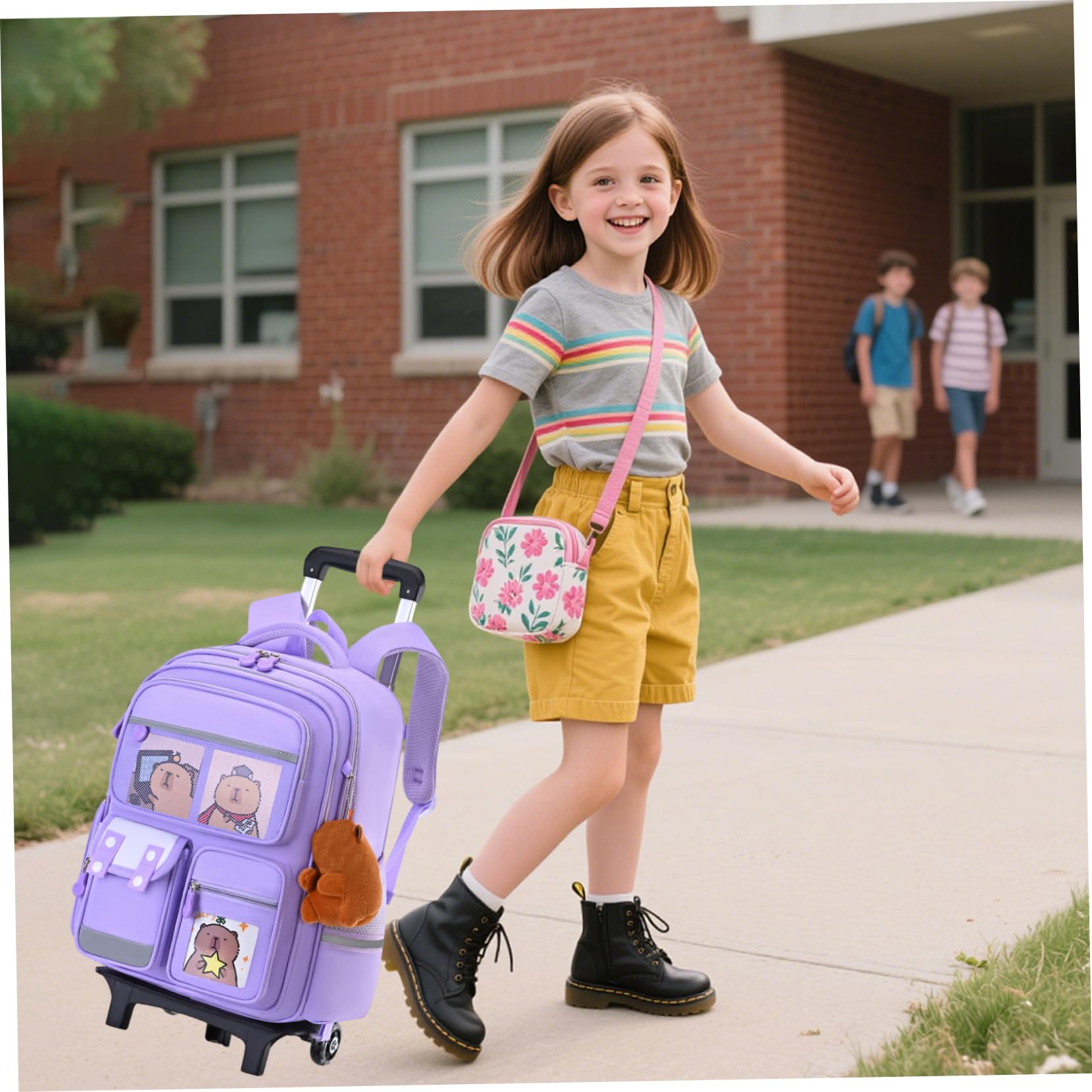 Zaino Trolley con Ruote Zaino Capibara di Capacità con Scomparti Multipli Borsa da Scuola con Stampa Simpatico Cartone Animato Cinghia Riflettente Maniglia Retrattile per Ragazzi Ragazze, Viol