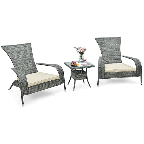 Tangkula 3-Piece Wicker Adirondack Set, Ergonomic Oversized Rattan Chairs w/Coffee