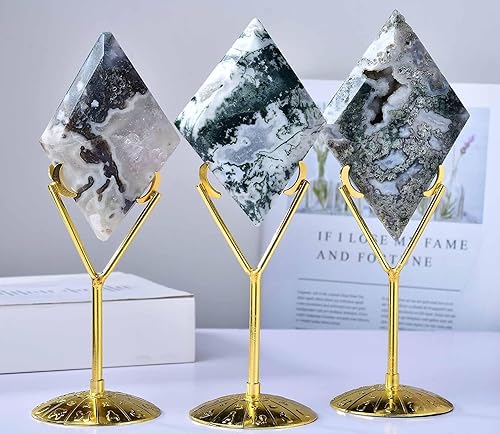 Miniatura 6 de FZBHRO Piedra romboide de ágata musgo decorativa con bloque de cristal curativo con soporte, decoración para el hogar y la oficina, regalos únicos,