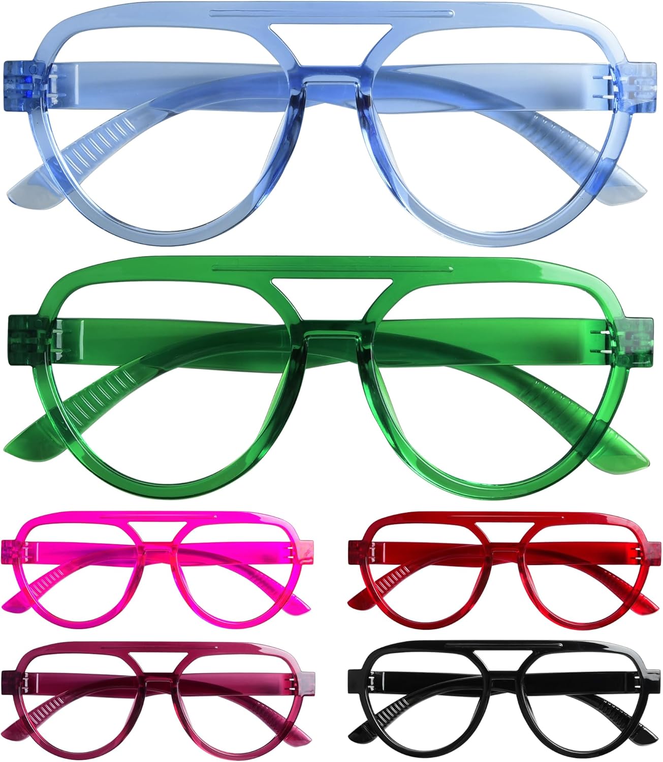 GUD Pilot Reading Glasses with Screwless Spring Hinges Metalless Women 6 Pack Oversized Stylish Readers Double Bridge