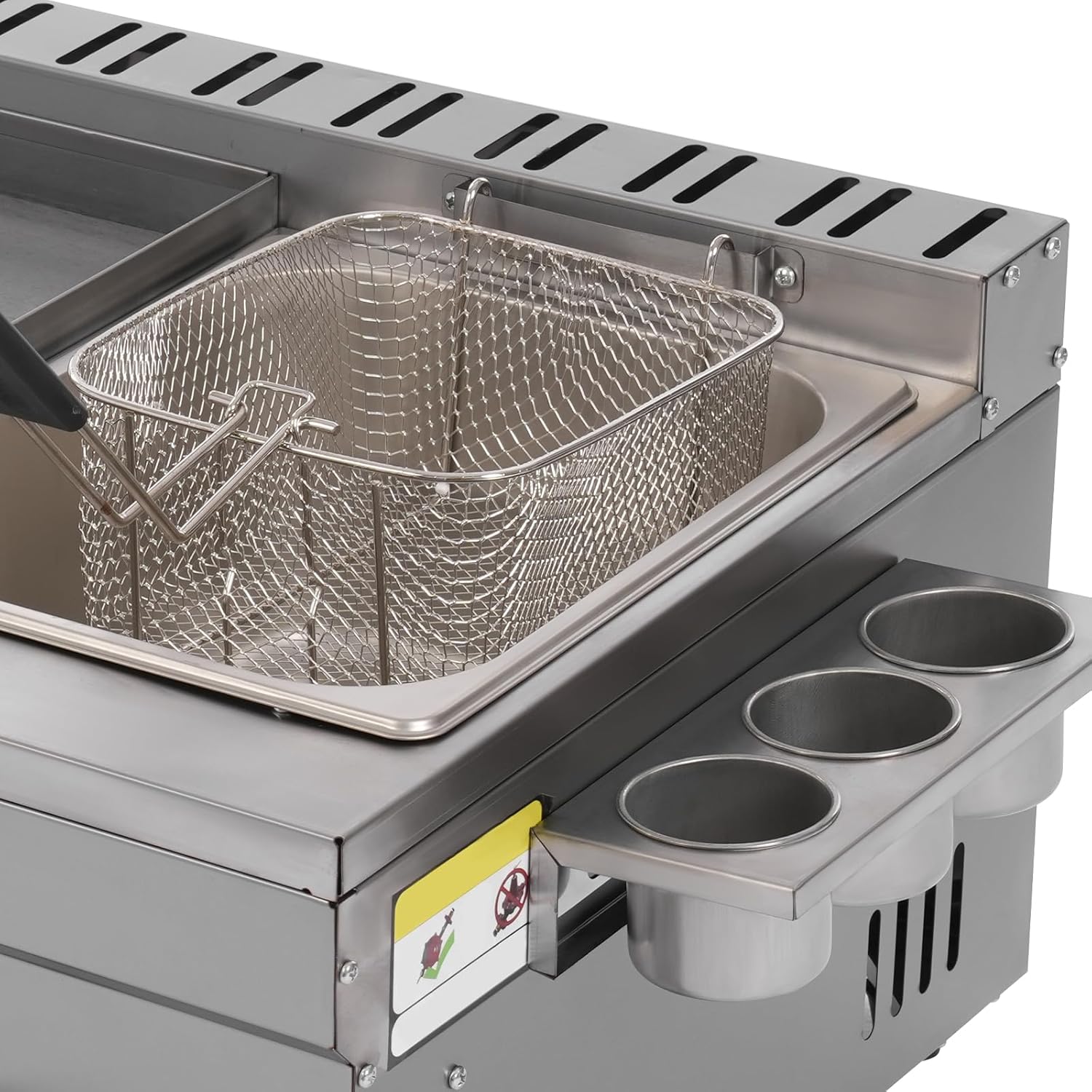 410 Stainless Steel Gas Griddle for Efficient Cooking, dual heating zones (122-716°F) for simultaneous frying,side spice & hanging oil basket,for restaurants, snack bars