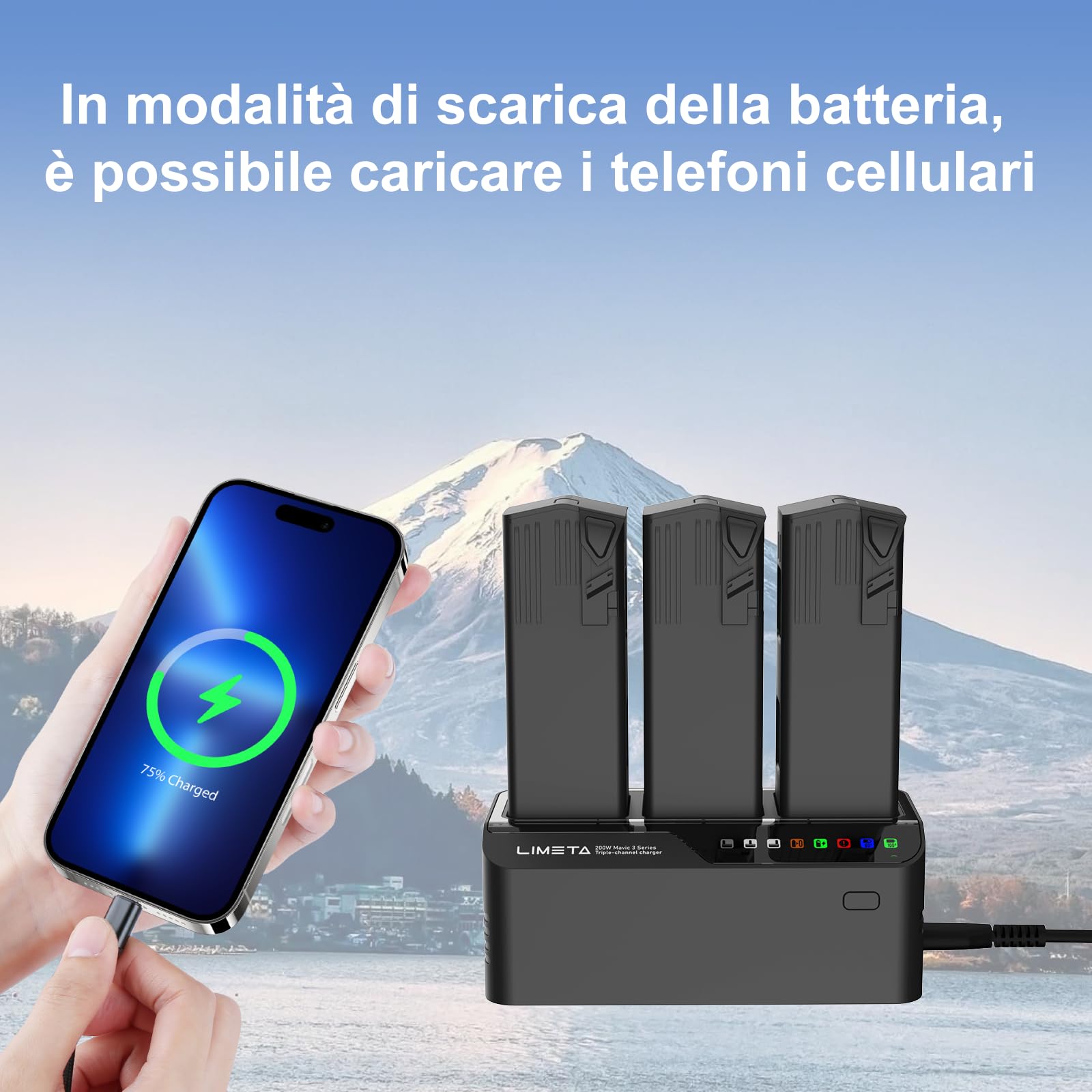 LIMETA MC336 Caricabatterie 200W 3 Canali per DJI Mavic 3 Pro/3 Classic/3 Enterprise, Hub Ricarica Rapida Parallela con Funzione di Scarica e Archiviazione Intelligente per Batterie Drone