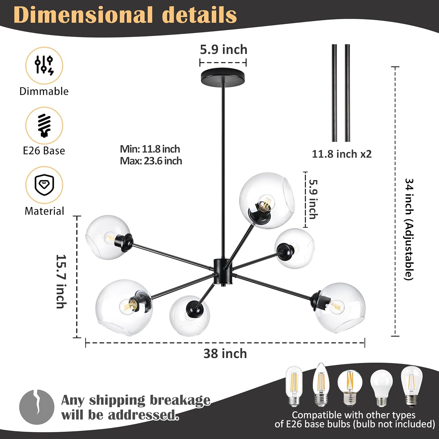 KoKo&Yukina 6-Light Globe Sputnik Chandelier Modern Black Sputnik Chandelier Mid Century Pendant Light Matte Black Finished with Clear Globe Glass Lampshade Chandeliers for Dining Room Kitchen Bedroom