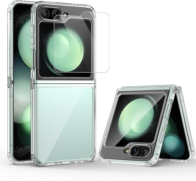 HWeggo Case for Samsung Galaxy Z Flip 5,Clear Slim Phone Case with Outer Screen Protector,Transparent Hard PC Back&Soft TPU Edges,Anti-Scratch Shockproof Protective Cover for Z Flip 5,Full Clear