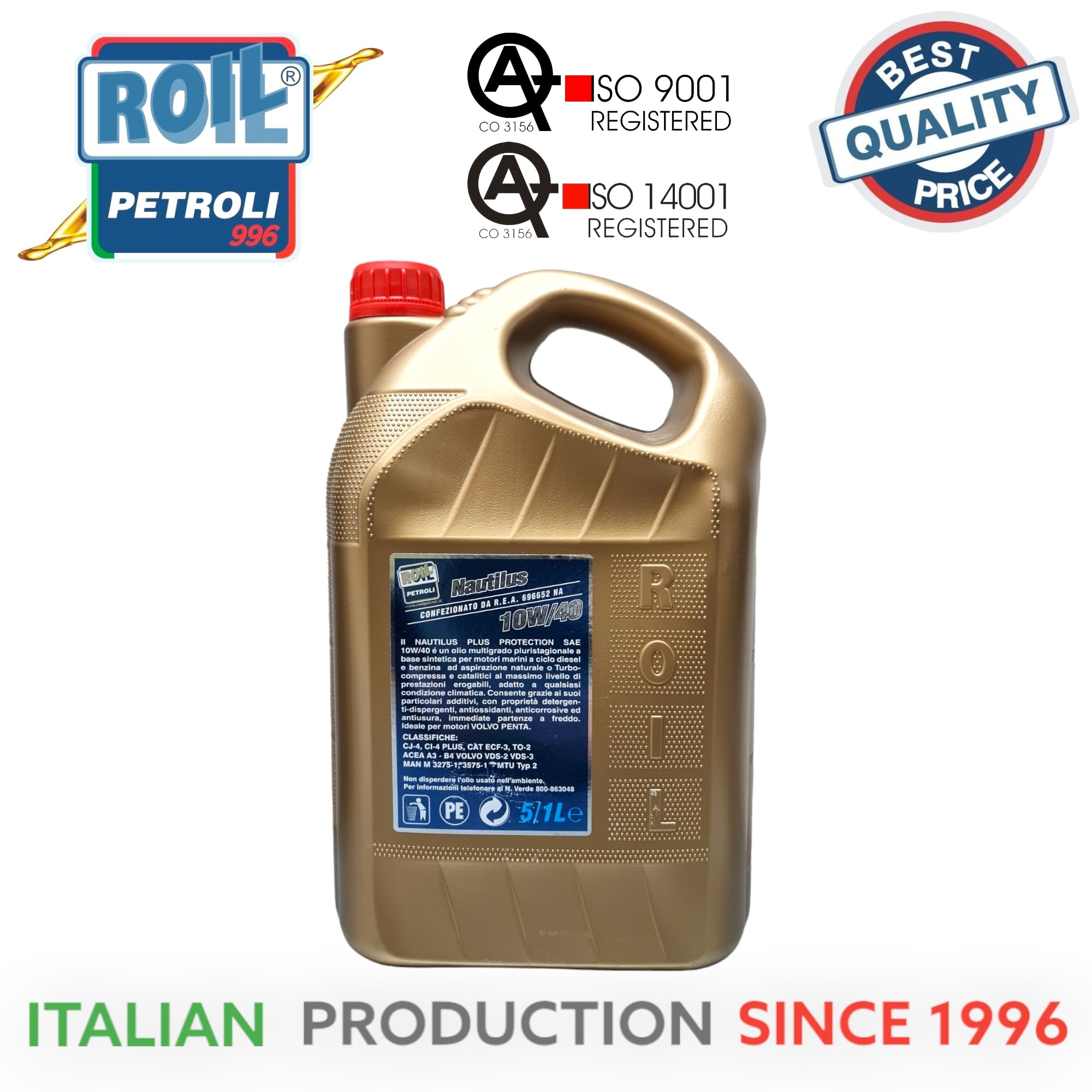 5 Litri di Roil Nautilus 10W/40 Turbo Plus VDS-3►Nuova Formula, Riduce CONSUMO di Carburante ED Olio◄ Olio per Motori NAUTICI - ACEA E7, E9