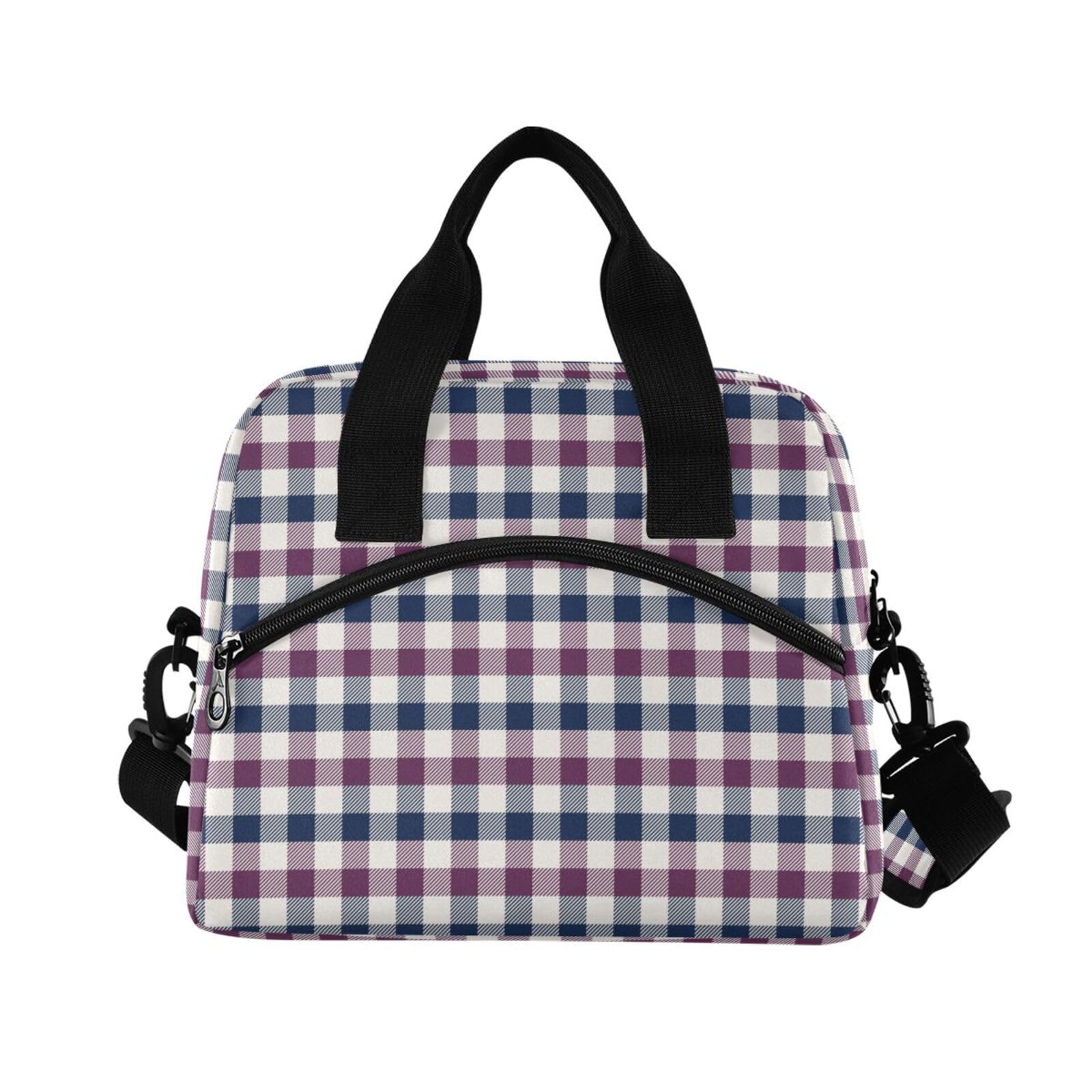 Insulated Lunch Bag Reusable Cooler Purple Beige Plaid Lunch Box Adjustable Shoulder Strap for Picnic Office School