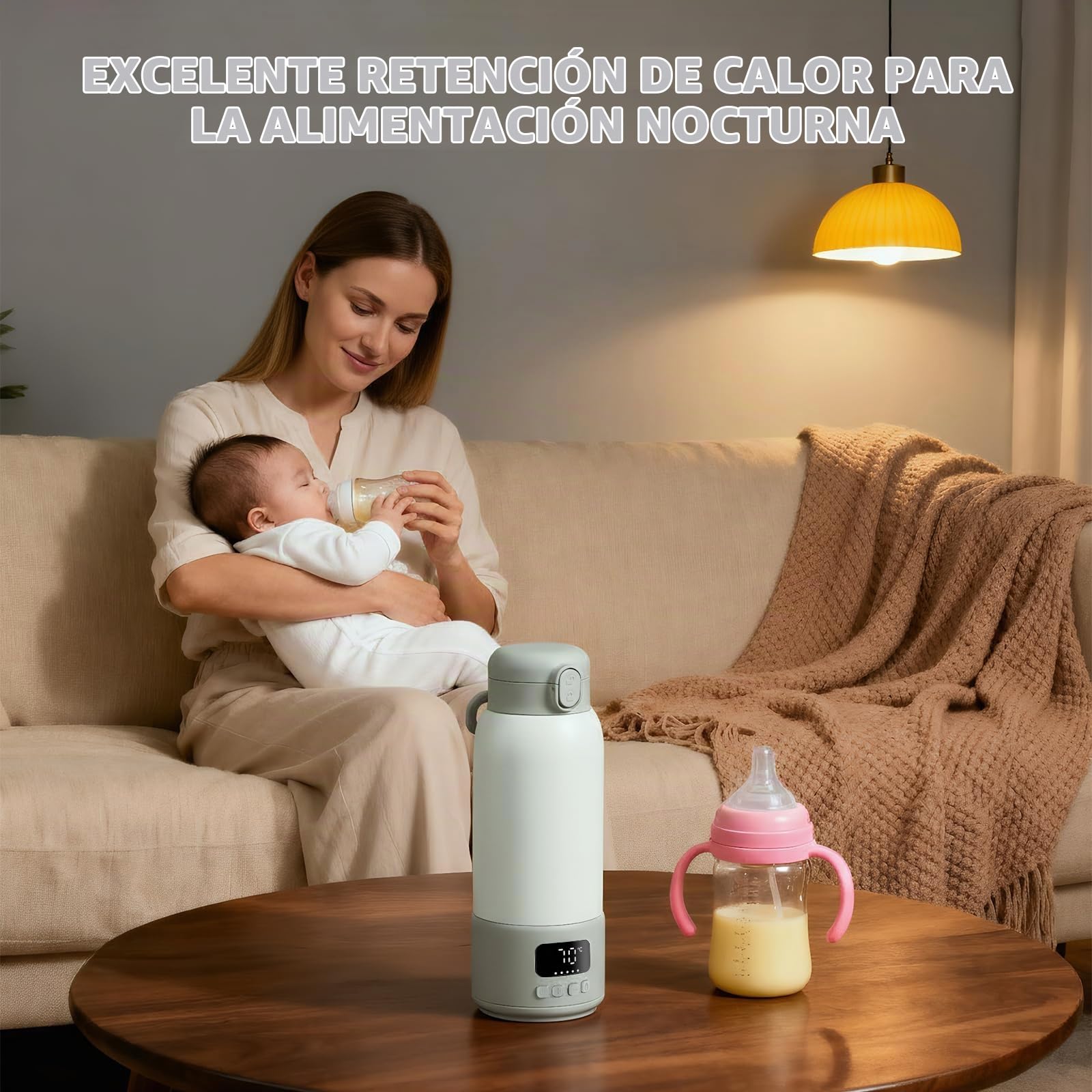 Calientabiberones Portátil 100W – Recipiente Acero Inoxidable Aislamiento al Vacío, Calentamiento Rápido 80 Seg, 500ml, Batería 16000mAh, 37-70°C Ajustable, 3 Modos Leche, Antifugas – Viaje y Hogar