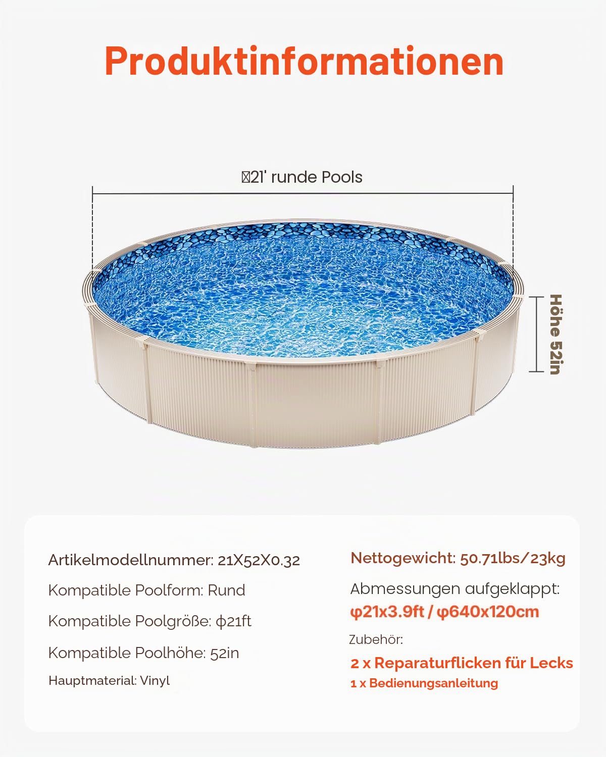VEVOR Runde Poolfolie, φ 640x120 cm, Innenfolie, Ersatzfolie, Innenhülle, Schwimmbadfolie, Vinyl-Folie im Unibead-Stil mit Standardstärke, für Aufstellpools mit 132 cm Wandhöhe