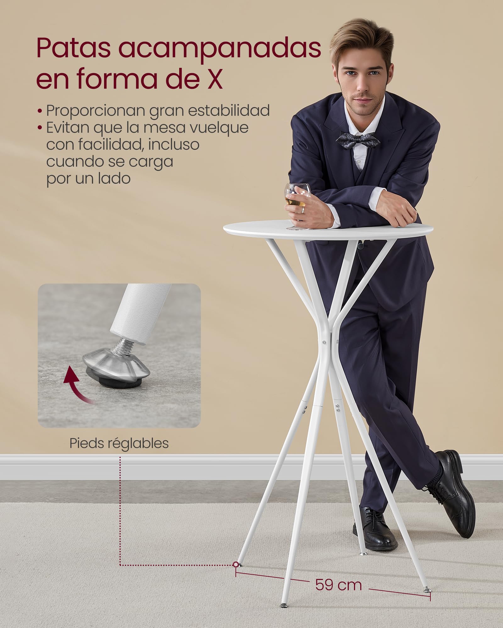 VASAGLE Mesa de Bar, Mesa Baja, Redonda, Alta, Estructura Metálica, 60 x 60 x 105 cm, para Cocina, Sala de Estar, Estilo Moderno, Fácil Montaje, Blanco Nube y Blanco Mate LBT024W01