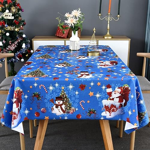 Miniatura 6 de Mantel de Navidad rectangular de plástico azul de vinilo azul con muñeco de nieve para fiesta (54 x 72 pulgadas, muñeco de nieve)