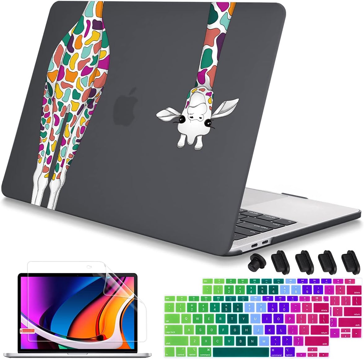 Mektron 2020 2019 2018 for MacBook Air 13 inch Case M1 A2337 A2179 A1932 w/Retina Display & Touch ID, Matte Black Colorful Giraffe Soft Touch Plastic Laptop Cover Keyboard Skin Screen Protector