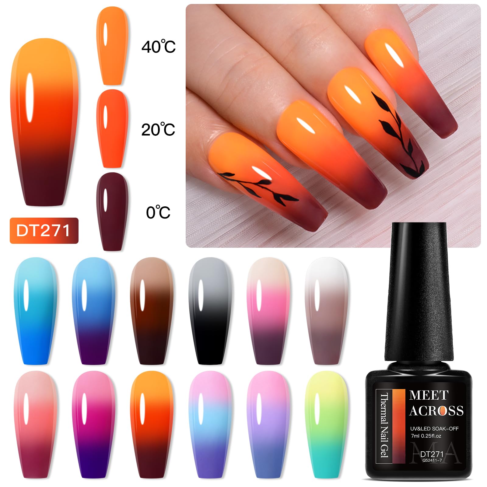 MEET ACROSS Color Changing Gel Nail Polish, 12 Colors Pink Blue Purple Orange Neon Mood Temperature Change Gel Polish Set Soak Off DIY Home Nail Art Gift For Girsl