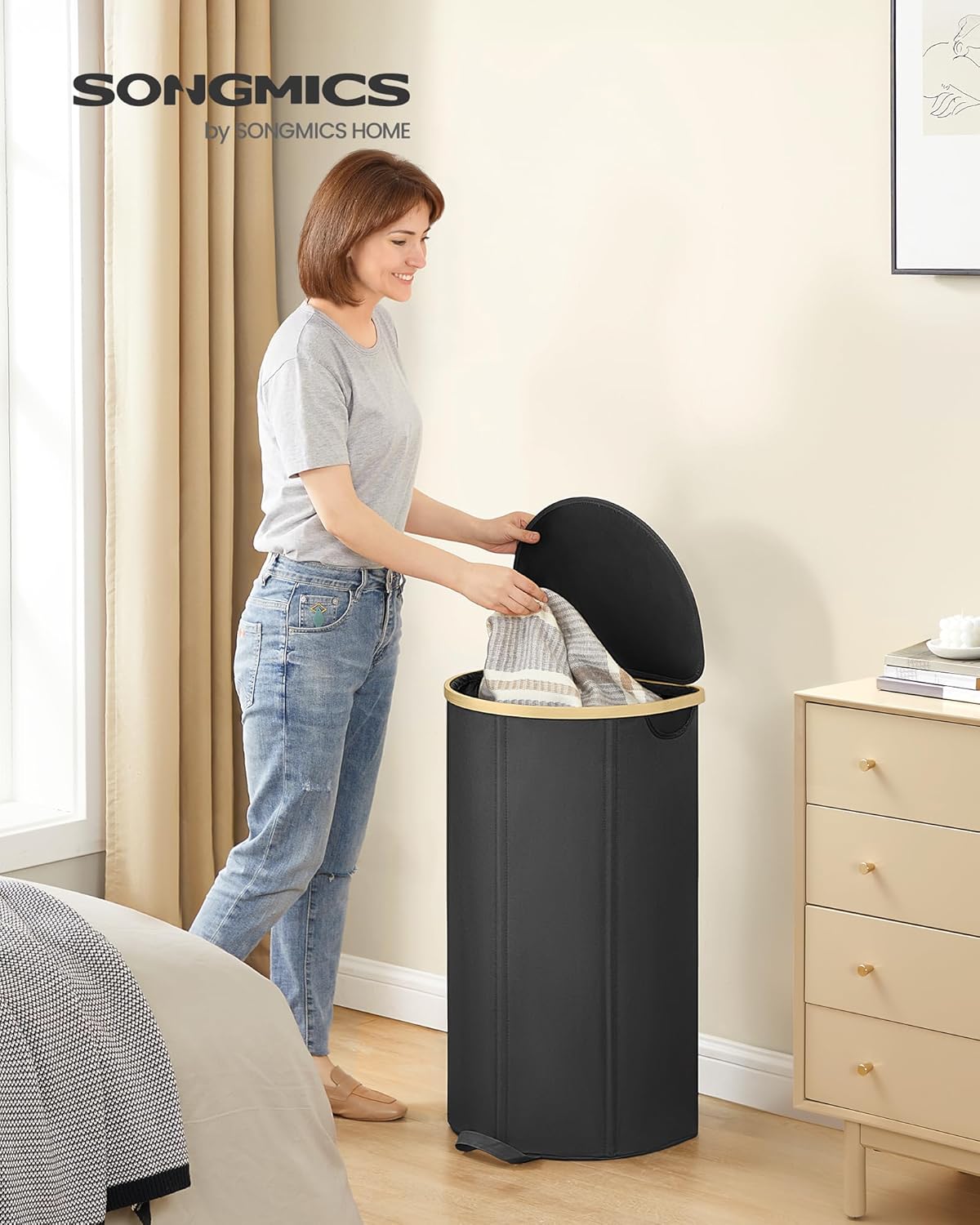 SONGMICS Laundry Hamper, Laundry Basket with Lid, 23.8 Gal. (90 L), with Removable Liner Bag, for Laundry Room, Bedroom, Living Room, Ink Black and Light Bamboo ULCB547B01