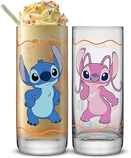 JoyJolt Disney Stitch Good Times Tall Drinking Glasses, 13oz Slim Glass Cups, Glass Tumblers Set of 2, Stitch Stuff, Lilo and Stitch Gifts, Stitch and Angel Cups, Disney Gifts for Adults