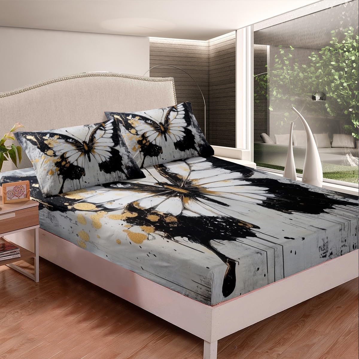 jejeloiu Butterfly Bed Sheets Set Twin Size Kids Oil Painting Fitted Sheet with Deep Pocket for Boys Girls Teens Black White Bedding Set Breathable Animal Bedroom Decor