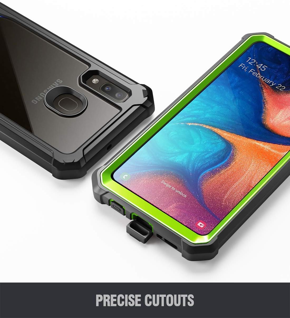 Galaxy A20 Rugged Clear Case, Galaxy A30 Case, Poetic Full-Body Hybrid Shockproof Bumper Cover, Built-in-Screen Protector, Guardian Series, Case for Samsung Galaxy A20 / Galaxy A30, Green/Clear