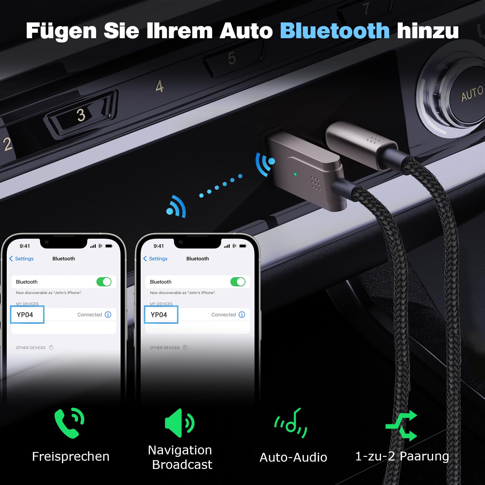 Bluetooth 5.3 Aux Adapter für Auto, KFZ, Kopfhörer, Lautsprecher, Heimkino und Verstärker, USB zu 3.5mm Bluetooth Empfänger für Sprachnavigation, Freisprechanrufe, Unterstützt 2 Smartphones