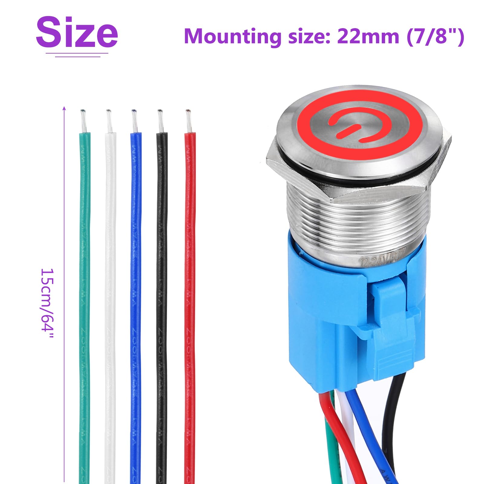 DMiotech 1 Pcs 7/8" Stainless steel Latching Push Button Switch 5Pin 1NO1NC 5A 12-24V Silver Flat Button Red Button Lamp with Socket Plug with Wire for Car Boat Systems - Image 4