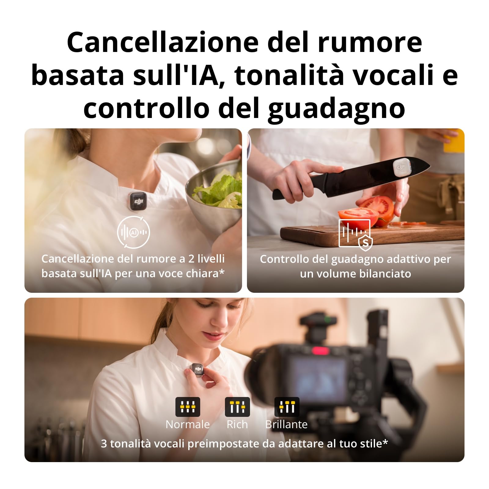 DJI Mic Mini 2S (2 TX + 1 RX + custodia di ricarica), riduzione rumore IA | Microfono Bluetooth, 28 ore di archiviazione interna, registrazione interna in float a 32 bit, leggero e compatto
