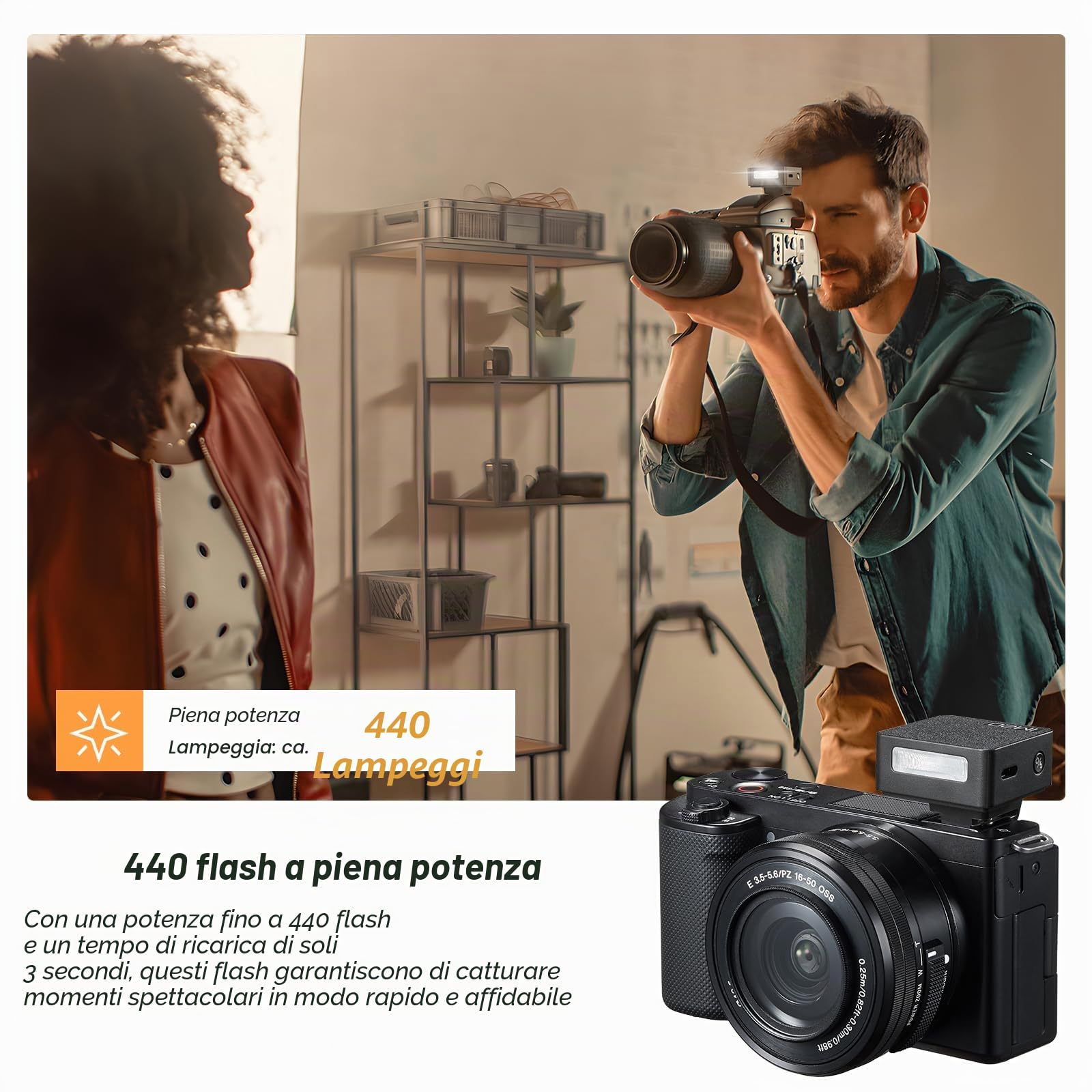 GODOX iM20 - Mini flash per fotocamera, 5 livelli di potenza, 6000 K ± 200 K 440 Flash Full-Power Godox im20 Mini Flash per Canon Sony Nikon Fuji Olympus